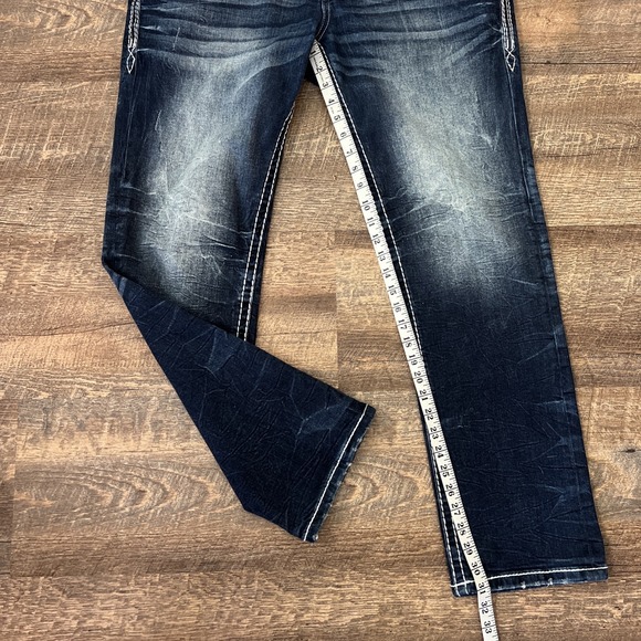 Rock Revival Zinfandel Straight Jeans Mens 36X31* Blue Whiskering Fading Stretch - Picture 12 of 13